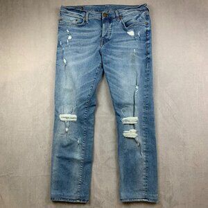 True Religion Mens Pants 34 Blue Distressed Jeans Rocco Relaxed Skinny 34x30